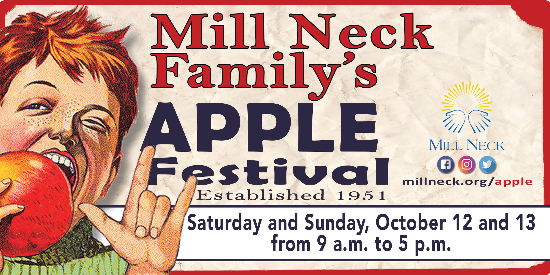 Apple Boy signs "love" in ASL, Mill Neck Family's Apple Festival Saturday and Sunday October 12 & 13, 2019